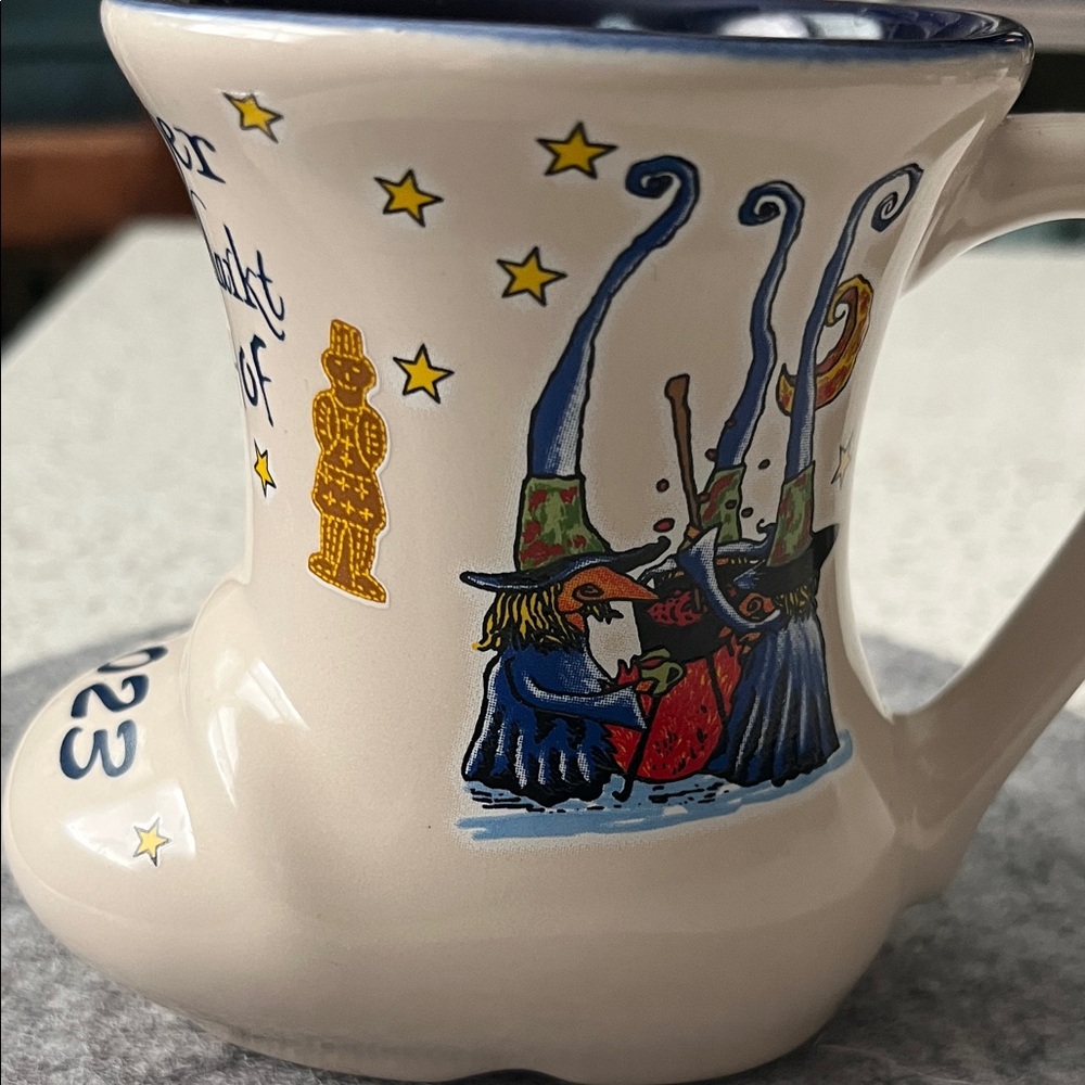 White Ceramic Witch Boot Decorative Mug with Blue and Red Artwork
